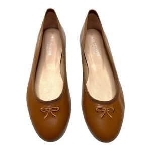 French Sole Tan Leather Ballet Flats with Bow Accent